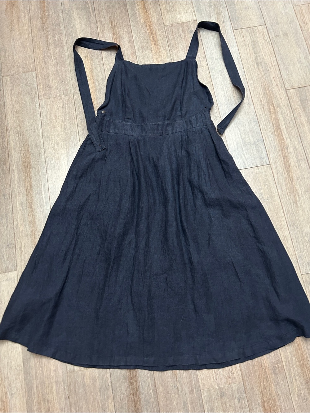 Mango MNG linen dark navy overall Apron-Style Midi Dress size large